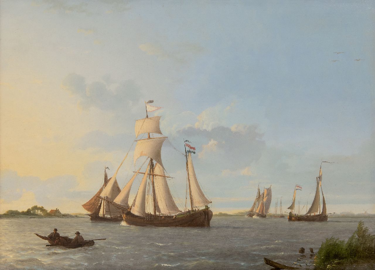 Koekkoek J. | Johannes Koekkoek | Schilderijen te koop aangeboden | Laverende zeilschepen op Hollands binnenwater, olieverf op paneel 32,3 x 44,8 cm, gesigneerd rechtsonder en gedateerd 1829 Koekkoek J. | Johannes Koekkoek | Schilderijen te koop aangeboden | Laverende zeilschepen op Hollands binnenwater, olieverf op paneel 32,3 x 44,8 cm, gesigneerd rechtsonder en gedateerd 1829