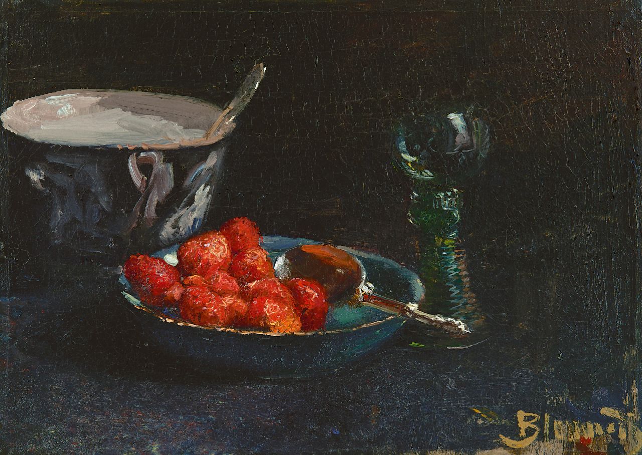 Blommers B.J. | Bernardus Johannes 'Bernard' Blommers | Schilderijen te koop aangeboden | Aardbeien met slagroom en Rijnwijnglas, olieverf op doek 28,8 x 40,0 cm, gesigneerd rechtsonder en te dateren ca. 1880 Blommers B.J. | Bernardus Johannes 'Bernard' Blommers | Schilderijen te koop aangeboden | Aardbeien met slagroom en Rijnwijnglas, olieverf op doek 28,8 x 40,0 cm, gesigneerd rechtsonder en te dateren ca. 1880