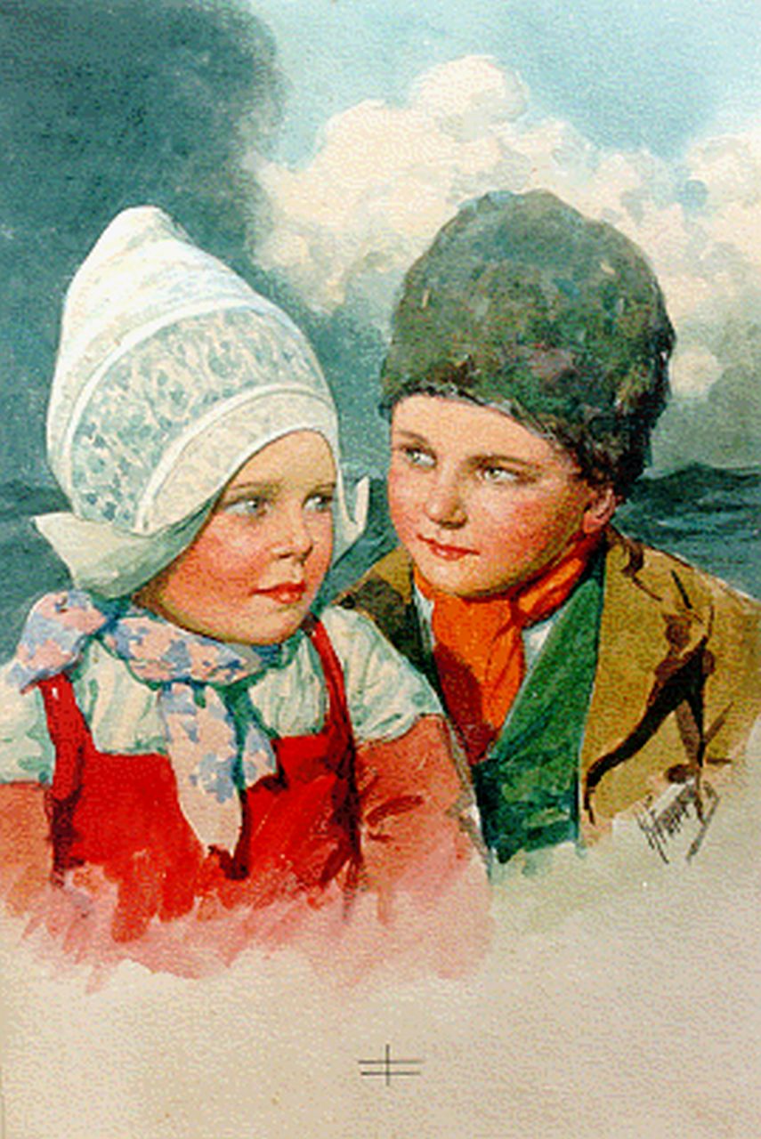 Feiertag K. | Karl Feiertag, Volendamse jongen en meisje, aquarel op papier 24,0 x 17,8 cm, gesigneerd rechtsonder Feiertag K. | Karl Feiertag, Volendamse jongen en meisje, aquarel op papier 24,0 x 17,8 cm, gesigneerd rechtsonder