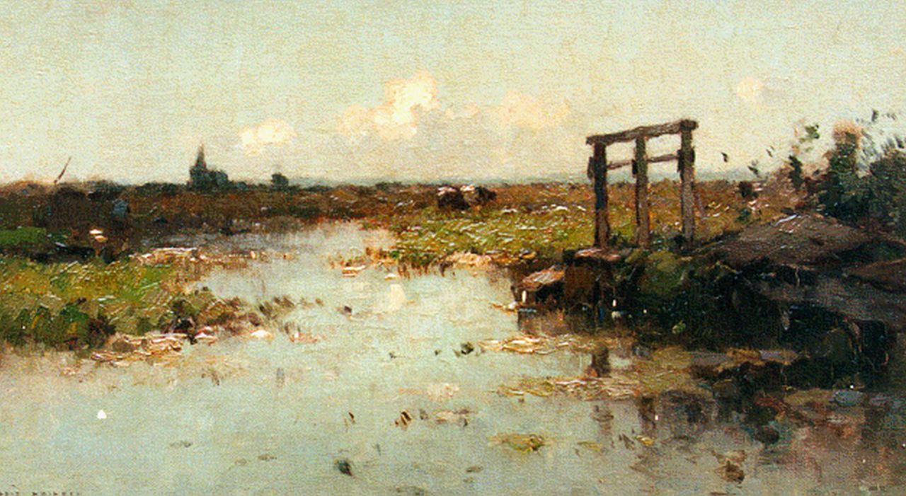 Knikker A. | Aris Knikker, Polderlandschap met viskaar, olieverf op doek op paneel 25,2 x 42,7 cm, gesigneerd linksonder Knikker A. | Aris Knikker, Polderlandschap met viskaar, olieverf op doek op paneel 25,2 x 42,7 cm, gesigneerd linksonder