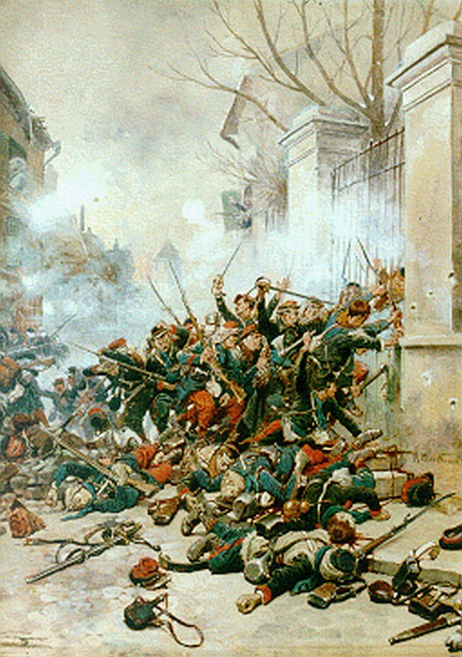 Neuville A.M. de | Alphonse Marie de Neuville, Plunderende soldaten, aquarel op papier 66,0 x 48,0 cm, gesigneerd rechts van het midden Neuville A.M. de | Alphonse Marie de Neuville, Plunderende soldaten, aquarel op papier 66,0 x 48,0 cm, gesigneerd rechts van het midden
