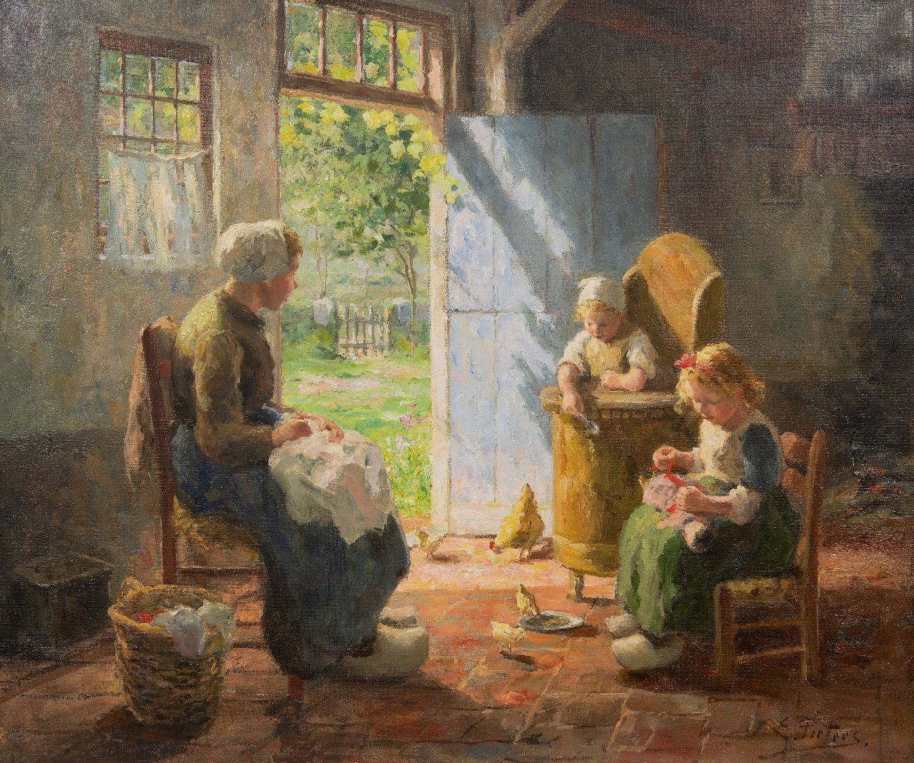 Pieters E. | Evert Pieters | Schilderijen te koop aangeboden | Zonnig Larens binnenhuisje met moeder en kinderen, olieverf op doek 68,1 x 81,2 cm, gesigneerd rechtsonder Pieters E. | Evert Pieters | Schilderijen te koop aangeboden | Zonnig Larens binnenhuisje met moeder en kinderen, olieverf op doek 68,1 x 81,2 cm, gesigneerd rechtsonder