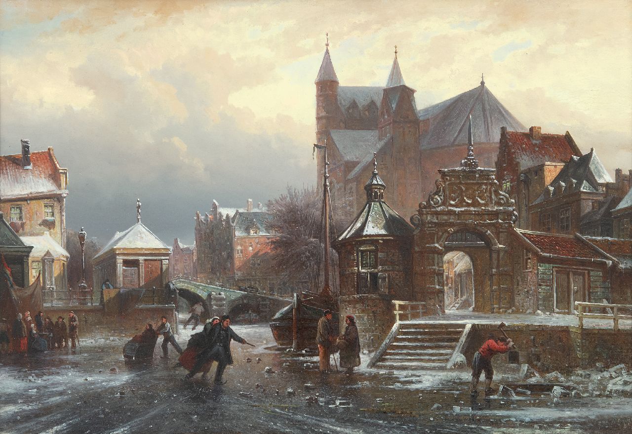 Elias Pieter van Bommel | Schaatspret op een stadsgracht, olieverf op paneel, 36,7 x 54,4 cm, gesigneerd r.o. en gedateerd '72 Elias Pieter van Bommel | Schaatspret op een stadsgracht, olieverf op paneel, 36,7 x 54,4 cm, gesigneerd r.o. en gedateerd '72