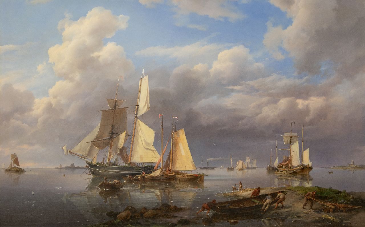 Koekkoek H.  | Hermanus Koekkoek, Schepen voor anker voor de kust, bij kalm weer, olieverf op doek 102,5 x 160,0 cm, gesigneerd rechtsonder en gedateerd 1841