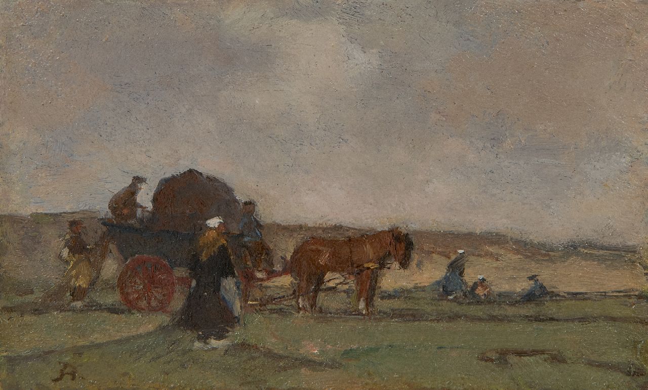 Akkeringa J.E.H. | 'Johannes Evert' Hendrik Akkeringa, Netten boeten achter de duinen, olieverf op paneel 7,5 x 12,4 cm, gesigneerd linksonder met initiaal Akkeringa J.E.H. | 'Johannes Evert' Hendrik Akkeringa, Netten boeten achter de duinen, olieverf op paneel 7,5 x 12,4 cm, gesigneerd linksonder met initiaal