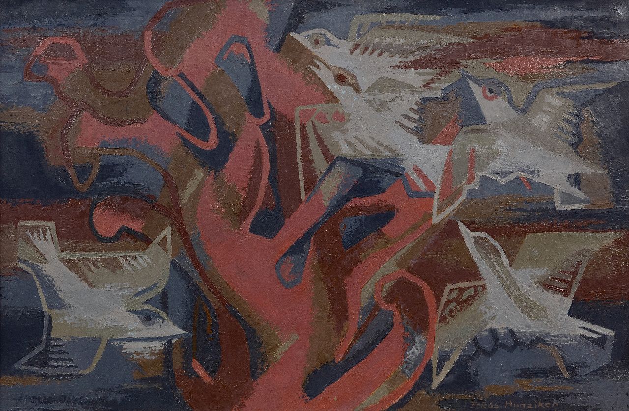 Hunziker F. | Frieda Hunziker, Duiven, olieverf op doek 60,0 x 90,0 cm, gesigneerd rechtsonder en gedateerd 46 Hunziker F. | Frieda Hunziker, Duiven, olieverf op doek 60,0 x 90,0 cm, gesigneerd rechtsonder en gedateerd 46