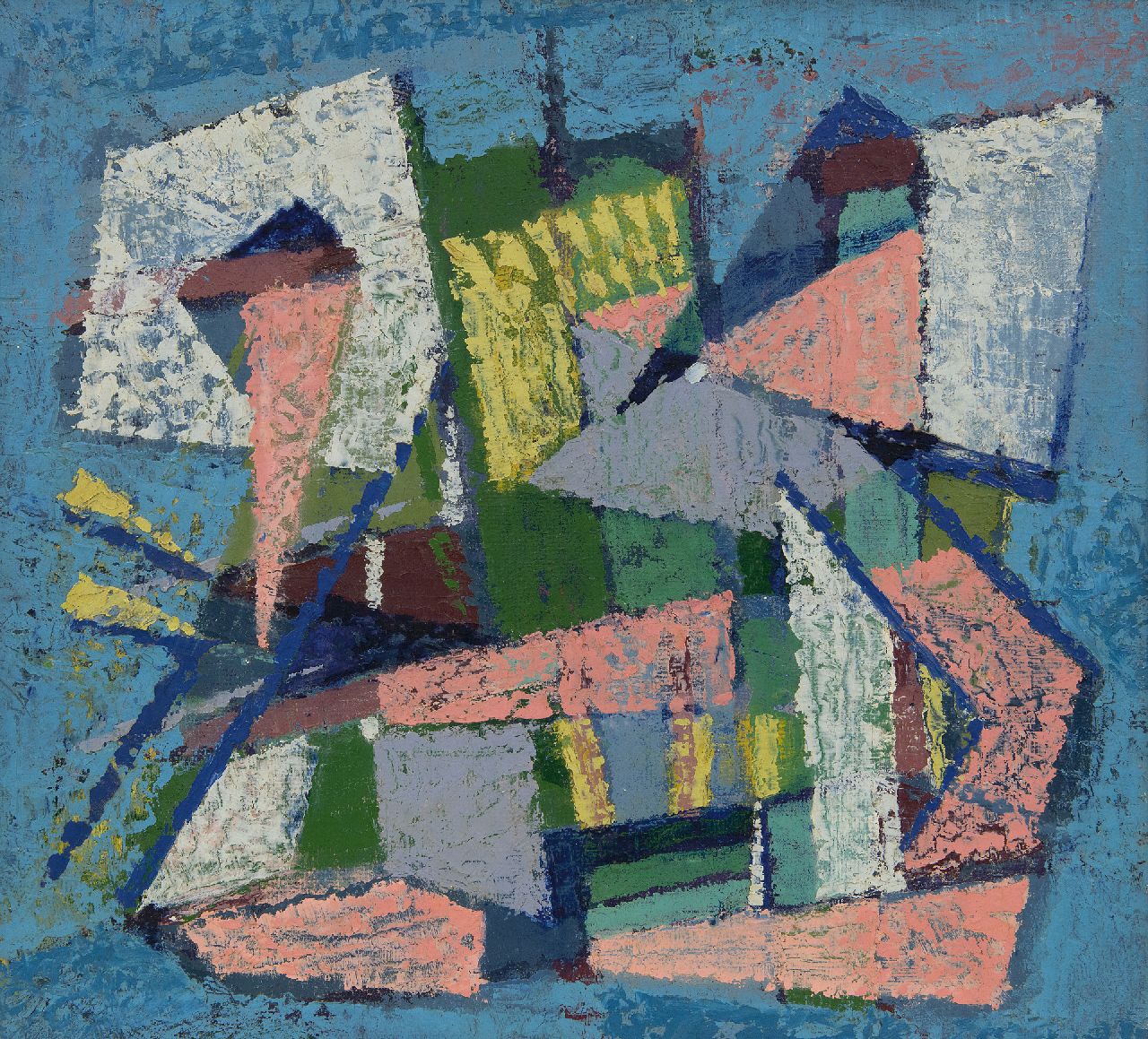 Hunziker F. | Frieda Hunziker, Compositie, olieverf op schildersboard 35,6 x 39,5 cm, gesigneerd verso en te dateren 1948 Hunziker F. | Frieda Hunziker, Compositie, olieverf op schildersboard 35,6 x 39,5 cm, gesigneerd verso en te dateren 1948