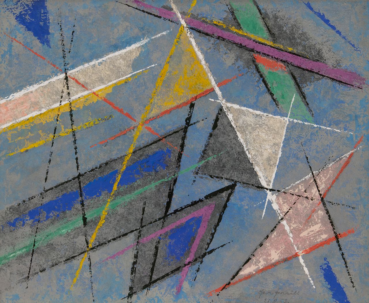 Gerrits G.J. | Gerrit Jacobus 'Ger' Gerrits | Aquarellen en tekeningen te koop aangeboden | Compositie met driehoeken, pastel en gouache op papier 42,0 x 53,0 cm, gesigneerd rechtsonder en gedateerd 27.8.53. Gerrits G.J. | Gerrit Jacobus 'Ger' Gerrits | Aquarellen en tekeningen te koop aangeboden | Compositie met driehoeken, pastel en gouache op papier 42,0 x 53,0 cm, gesigneerd rechtsonder en gedateerd 27.8.53.