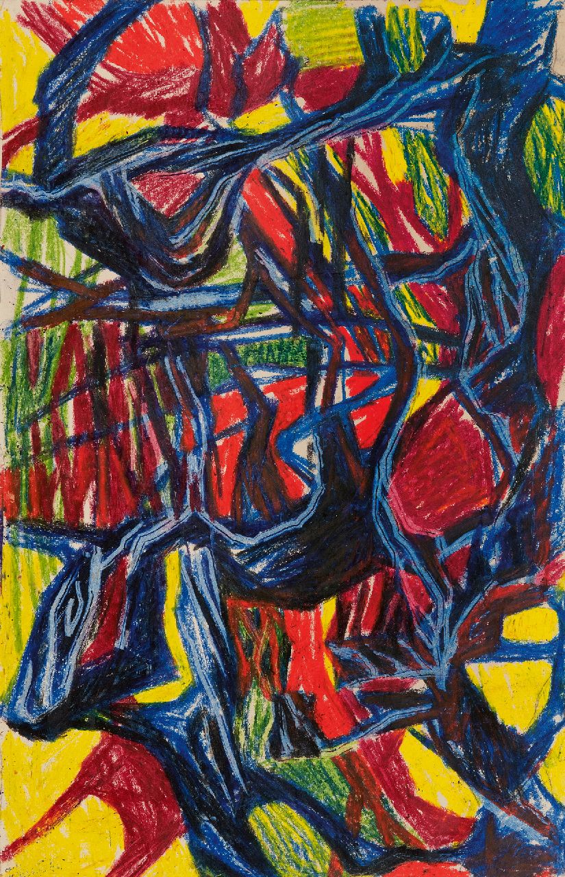 Hunziker F.  | Frieda Hunziker, Compositie, waskrijt op papier 48,8 x 31,5 cm, gesigneerd linksonder en verso en zonder lijst
