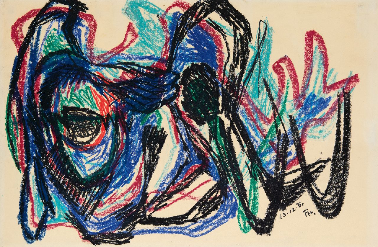 Hunziker F. | Frieda Hunziker | Aquarellen en tekeningen te koop aangeboden | Het monster, waskrijt op papier 50,2 x 73,0 cm, gesigneerd rechtsonder met monogram en gedateerd 13-12-'61, zonder lijst Hunziker F. | Frieda Hunziker | Aquarellen en tekeningen te koop aangeboden | Het monster, waskrijt op papier 50,2 x 73,0 cm, gesigneerd rechtsonder met monogram en gedateerd 13-12-'61, zonder lijst