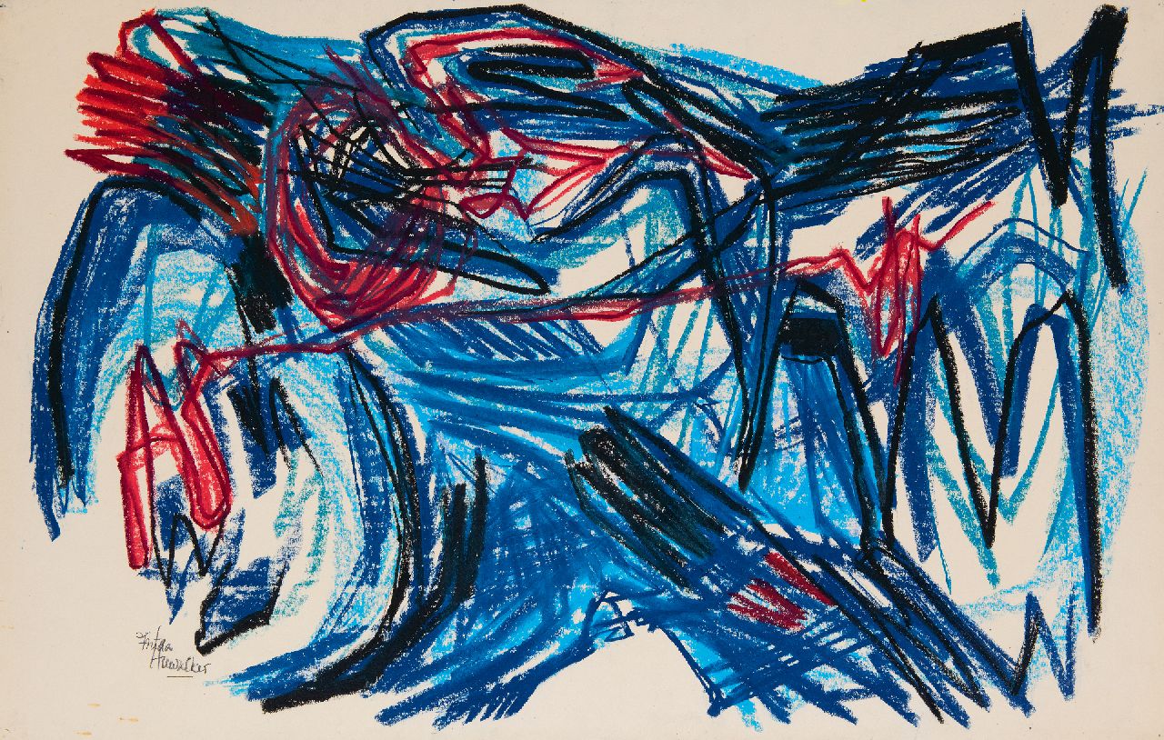Hunziker F. | Frieda Hunziker, Het monster, waskrijt op papier 50,2 x 78,3 cm, gesigneerd linksonder en te dateren 1961 Hunziker F. | Frieda Hunziker, Het monster, waskrijt op papier 50,2 x 78,3 cm, gesigneerd linksonder en te dateren 1961