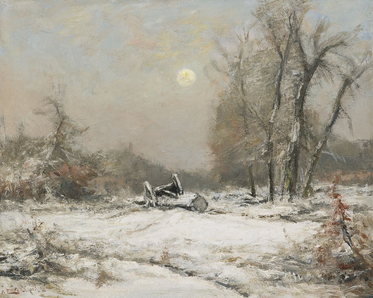 Apol L.F.H. | Lodewijk Franciscus Hendrik 'Louis' Apol, Winterlandschap met mallejan bij avond, olieverf op doek 39,9 x 50,4 cm, gesigneerd linksonder Apol L.F.H. | Lodewijk Franciscus Hendrik 'Louis' Apol, Winterlandschap met mallejan bij avond, olieverf op doek 39,9 x 50,4 cm, gesigneerd linksonder