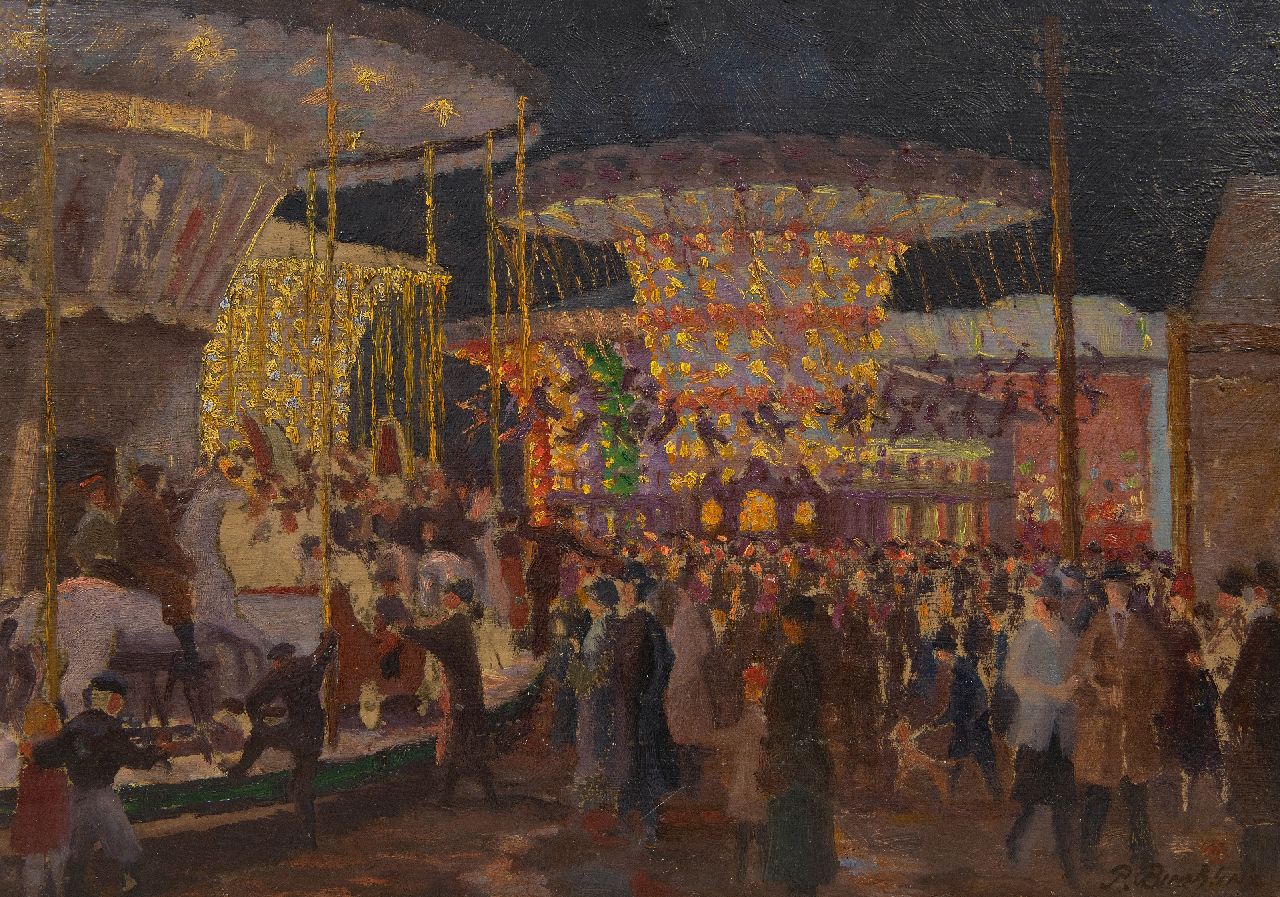 Buchholz P. | Paul Buchholz | Schilderijen te koop aangeboden | Een avond op de jaarmarkt, olieverf op karton 34,5 x 48,5 cm, gesigneerd rechtsonder en te dateren ca. 1920 Buchholz P. | Paul Buchholz | Schilderijen te koop aangeboden | Een avond op de jaarmarkt, olieverf op karton 34,5 x 48,5 cm, gesigneerd rechtsonder en te dateren ca. 1920