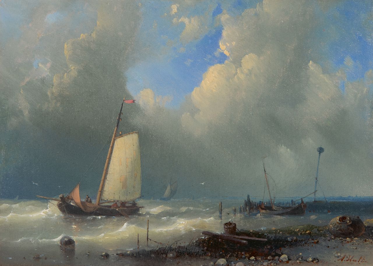 Hulk A.  | Abraham Hulk, Schip voor de haven bij zwaar weer, olieverf op paneel 14,5 x 20,2 cm, gesigneerd rechtsonder