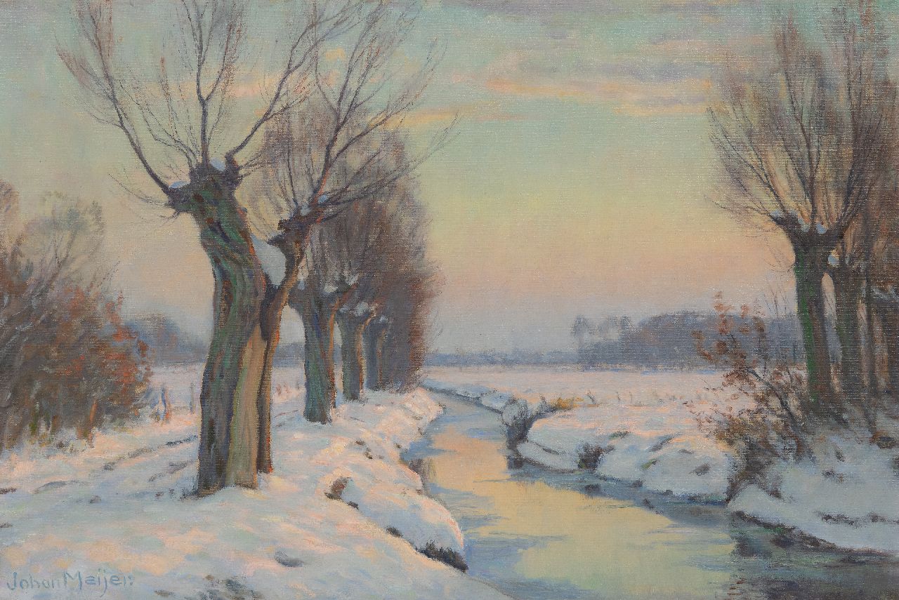 Meijer J.  | Johannes 'Johan' Meijer, Sneeuwlandschap bij zonsopgang, olieverf op doek 40,5 x 59,5 cm, gesigneerd linksonder