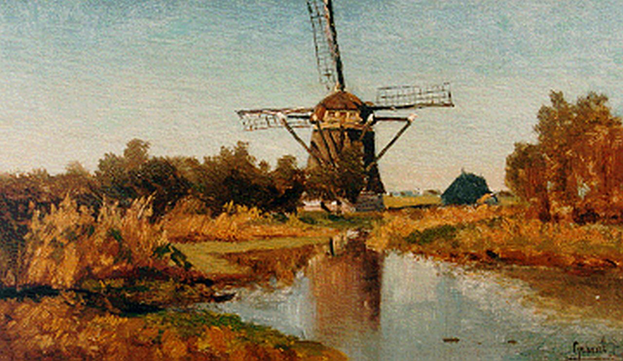 Gabriel P.J.C.  | Paul Joseph Constantin 'Constan(t)' Gabriel, Molen aan het water bij Abcoude, olieverf op doek op paneel 21,8 x 34,7 cm, gesigneerd rechtsonder