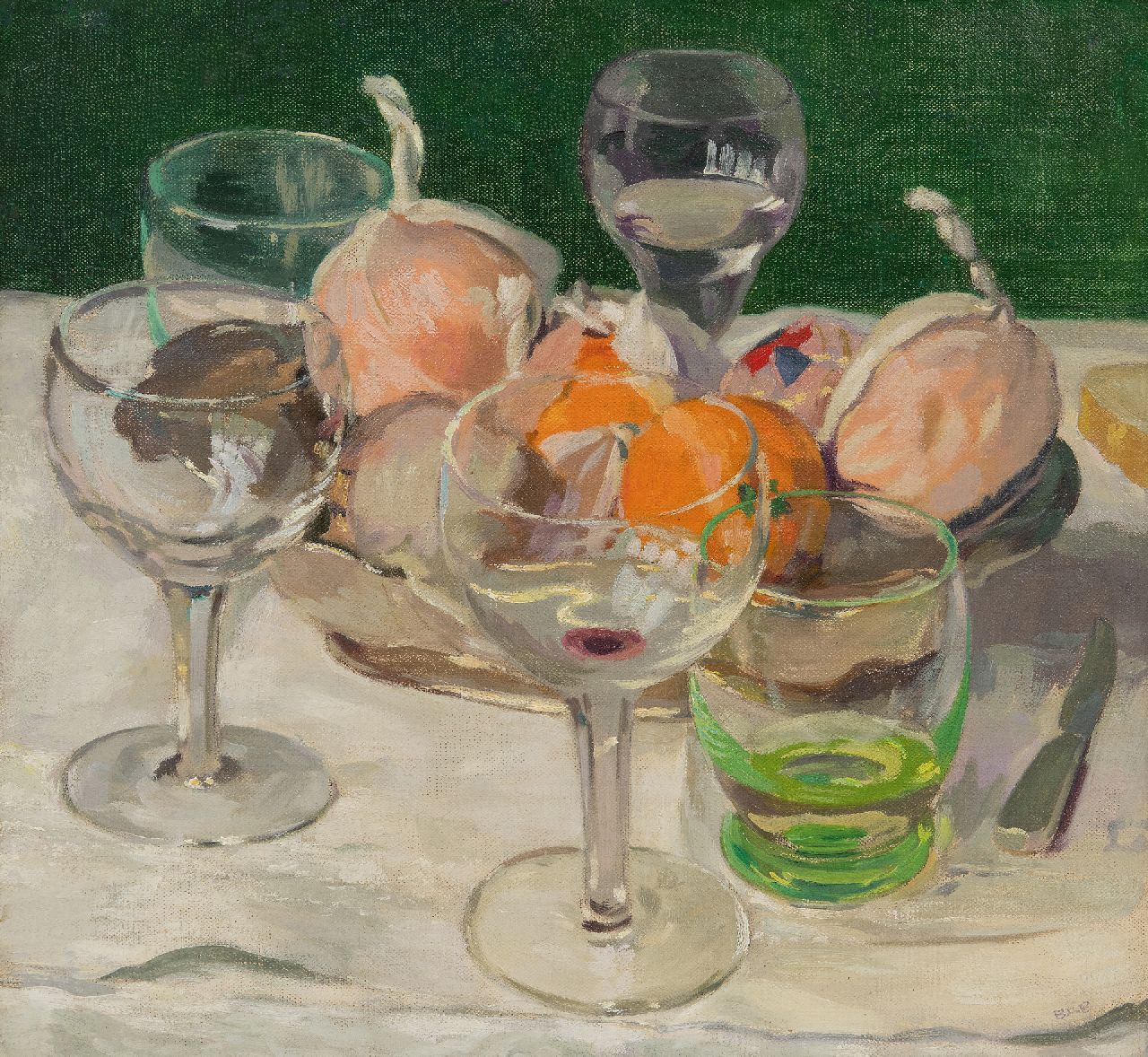 Brender à Brandis G.A. | 'Geraldo' Abraham Brender à Brandis | Schilderijen te koop aangeboden | Stilleven met glazen en fruit, olieverf op doek 40,8 x 43,6 cm, gesigneerd rechtsonder met initialen Brender à Brandis G.A. | 'Geraldo' Abraham Brender à Brandis | Schilderijen te koop aangeboden | Stilleven met glazen en fruit, olieverf op doek 40,8 x 43,6 cm, gesigneerd rechtsonder met initialen