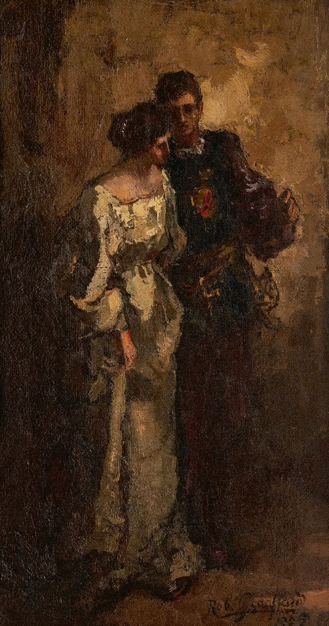 Graafland R.A.A.J.  | Robert Archibald Antonius Joan 'Rob' Graafland, Op weg naar het bal, olieverf op doek op paneel 38,6 x 21,3 cm, gesigneerd rechtsonder en gedateerd 1905