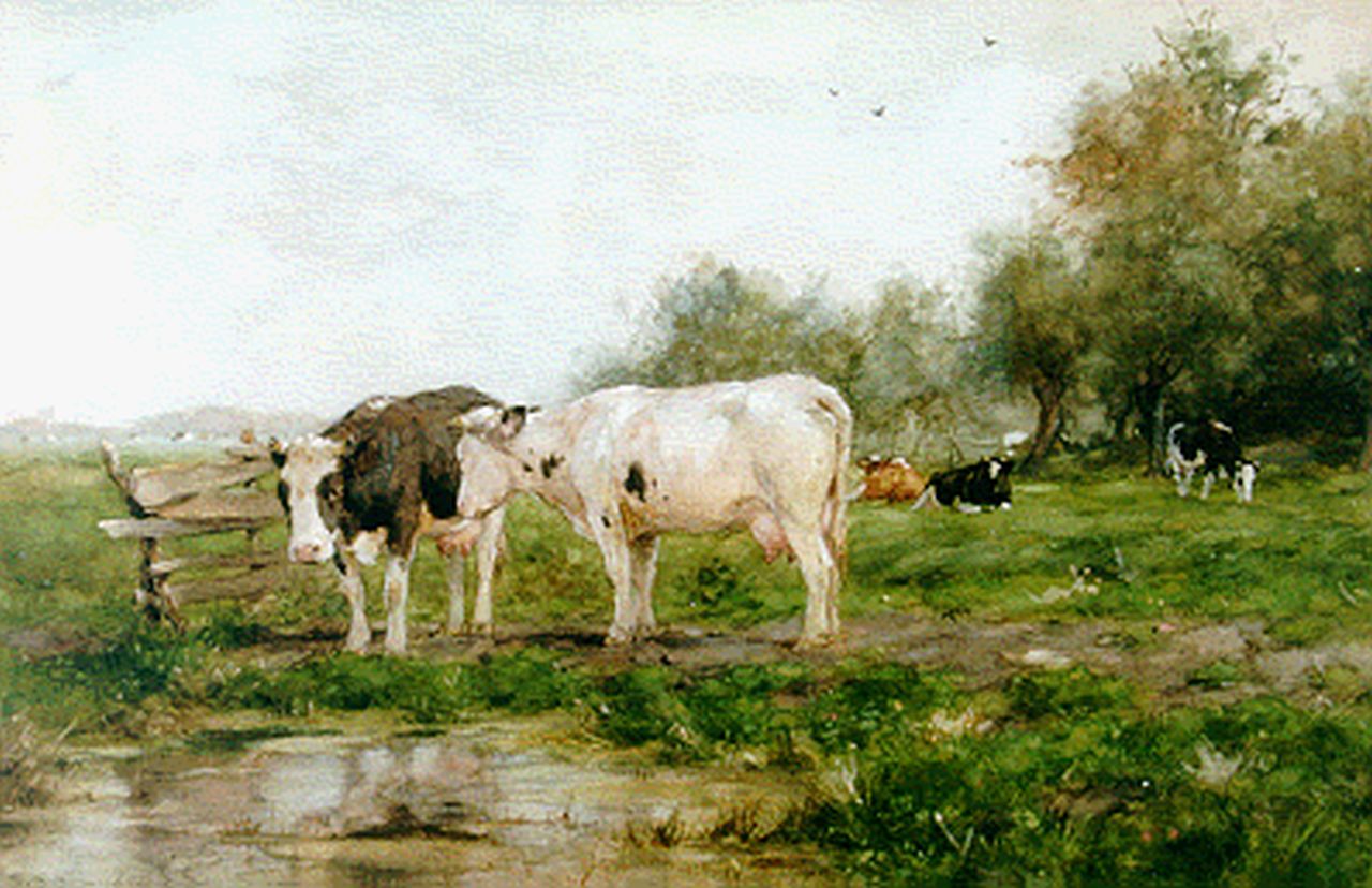 Groenewegen A.J. | Adrianus Johannes Groenewegen, Melkvee in de weide, aquarel en gouache op papier 34,5 x 52,0 cm, gesigneerd linksonder Groenewegen A.J. | Adrianus Johannes Groenewegen, Melkvee in de weide, aquarel en gouache op papier 34,5 x 52,0 cm, gesigneerd linksonder