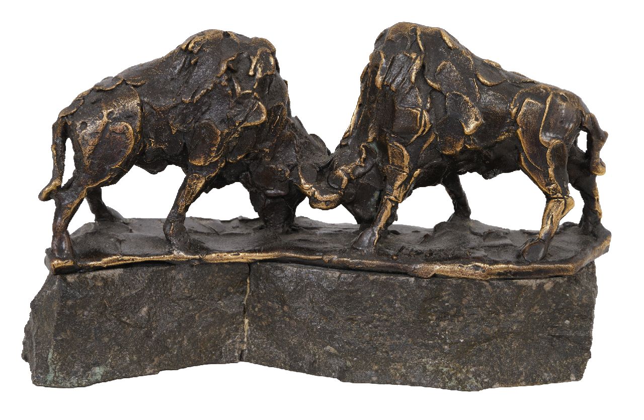 Bakker W.F. | Willem Frederik 'Jits' Bakker | Beelden en objecten te koop aangeboden | Twee bizons, brons 15,5 x 25,0 cm, gesigneerd op de basis Bakker W.F. | Willem Frederik 'Jits' Bakker | Beelden en objecten te koop aangeboden | Twee bizons, brons 15,5 x 25,0 cm, gesigneerd op de basis