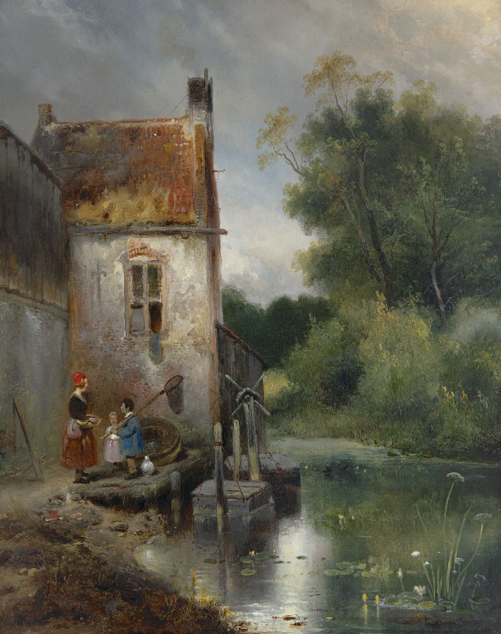 Nuijen W.J.J.  | Wijnandus Johannes Josephus 'Wijnand' Nuijen | Schilderijen te koop aangeboden | Vrouw en kinderen bij een huis, olieverf op paneel 41,9 x 33,1 cm, gesigneerd rechtsonder en gedateerd 1834