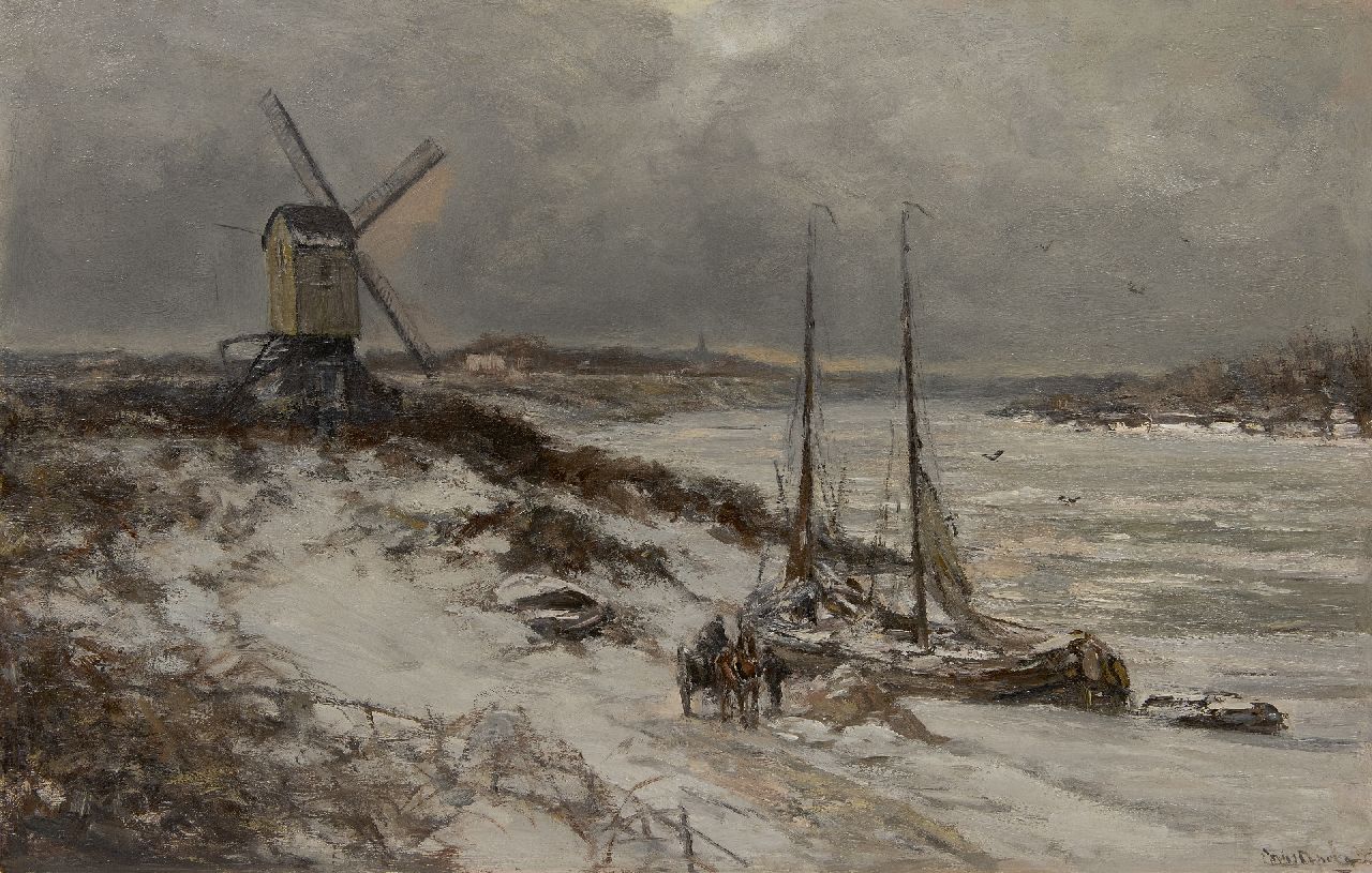 Apol L.F.H.  | Lodewijk Franciscus Hendrik 'Louis' Apol | Schilderijen te koop aangeboden | Besneeuwd gezicht op de IJssel met afgemeerde tjalk, olieverf op doek 58,6 x 90,3 cm, gesigneerd rechtsonder en gedateerd 1928