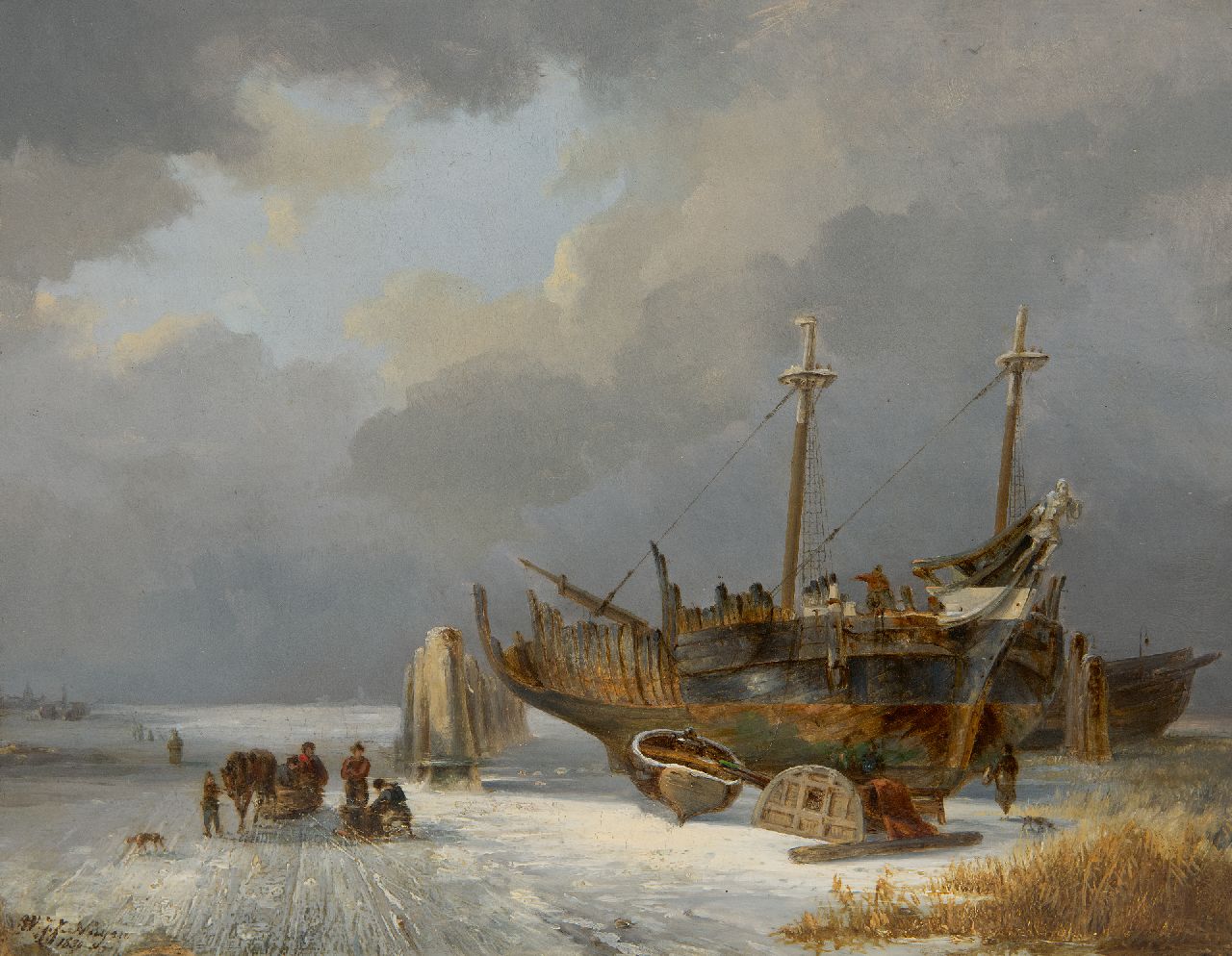 Nuijen W.J.J. | Wijnandus Johannes Josephus 'Wijnand' Nuijen | Schilderijen te koop aangeboden | Hollands ijsgezicht met figuren en scheepswerfje, olieverf op paneel 23,4 x 29,8 cm, gesigneerd linksonder en gedateerd 1830 Nuijen W.J.J. | Wijnandus Johannes Josephus 'Wijnand' Nuijen | Schilderijen te koop aangeboden | Hollands ijsgezicht met figuren en scheepswerfje, olieverf op paneel 23,4 x 29,8 cm, gesigneerd linksonder en gedateerd 1830