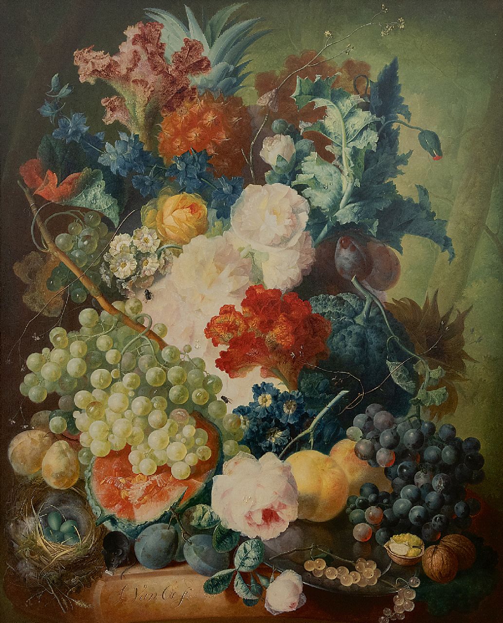 Os J. van | Jan van Os, Bloemstilleven met fruit, een muis en vogelnest, olieverf op paneel 69,7 x 55,1 cm, gesigneerd linksonder en gedateerd 1774