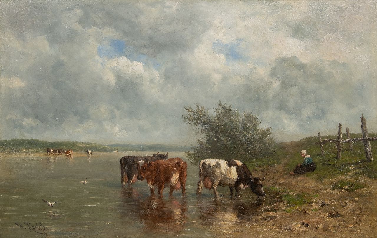 Roelofs W. | Willem Roelofs, Rivierlandschap met drinkende koeien, olieverf op doek 69,1 x 106,9 cm, gesigneerd linksonder Roelofs W. | Willem Roelofs, Rivierlandschap met drinkende koeien, olieverf op doek 69,1 x 106,9 cm, gesigneerd linksonder