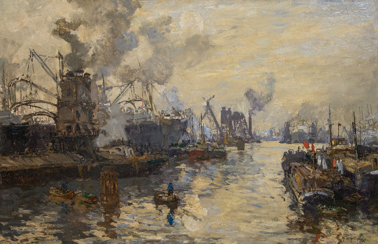 Mastenbroek J.H. van | Johan Hendrik van Mastenbroek | Schilderijen te koop aangeboden | Graanelevators aan het werk in de Maashaven, Rotterdam, olieverf op doek 84,1 x 130,5 cm, gesigneerd rechtsonder en gedateerd 1913 Mastenbroek J.H. van | Johan Hendrik van Mastenbroek | Schilderijen te koop aangeboden | Graanelevators aan het werk in de Maashaven, Rotterdam, olieverf op doek 84,1 x 130,5 cm, gesigneerd rechtsonder en gedateerd 1913