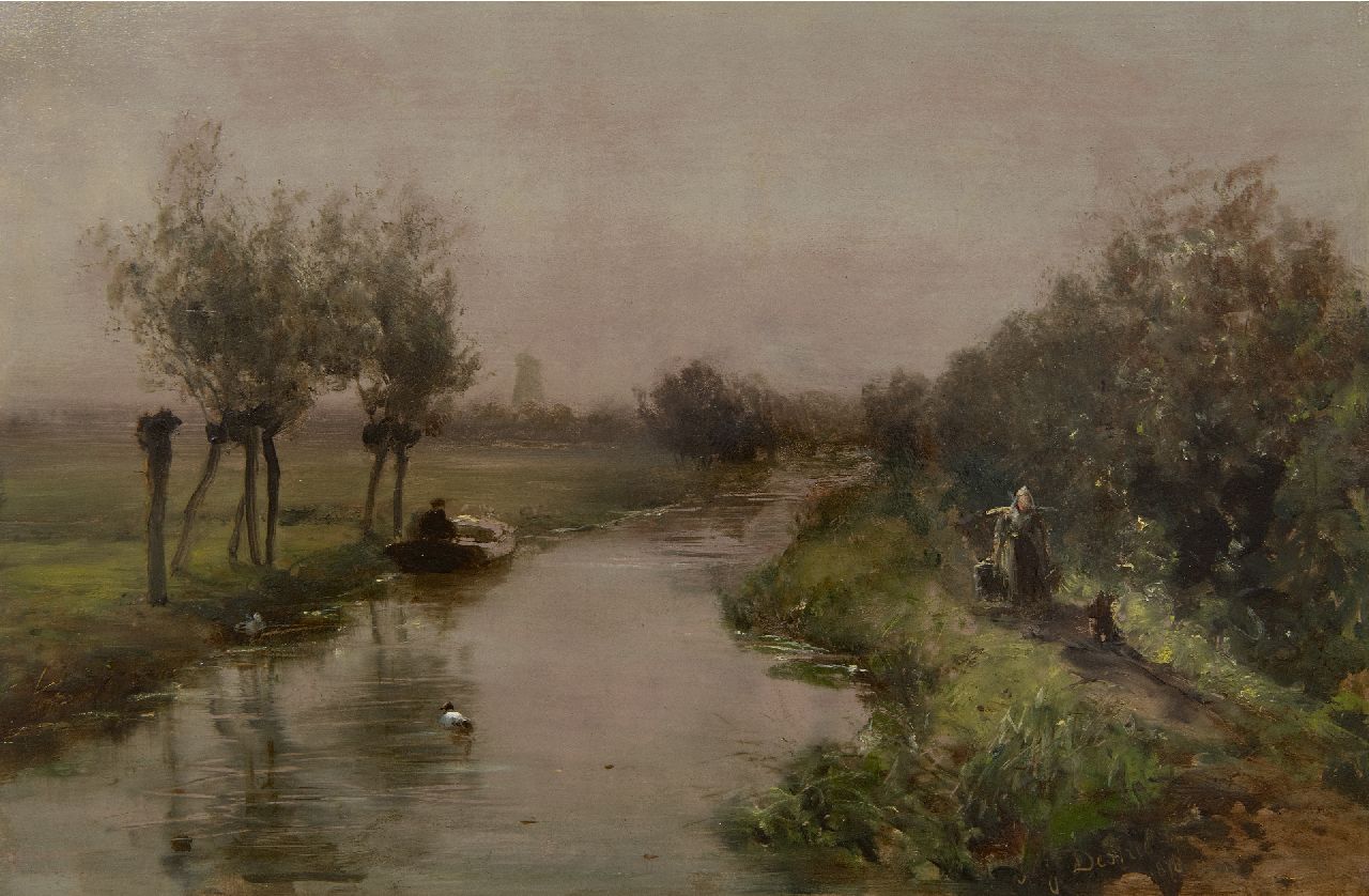 Johannes Josephus Destrée | Poldervaart met figuren, olieverf op paneel, 28,8 x 43,8 cm, gesigneerd r.o. en gedateerd 1878