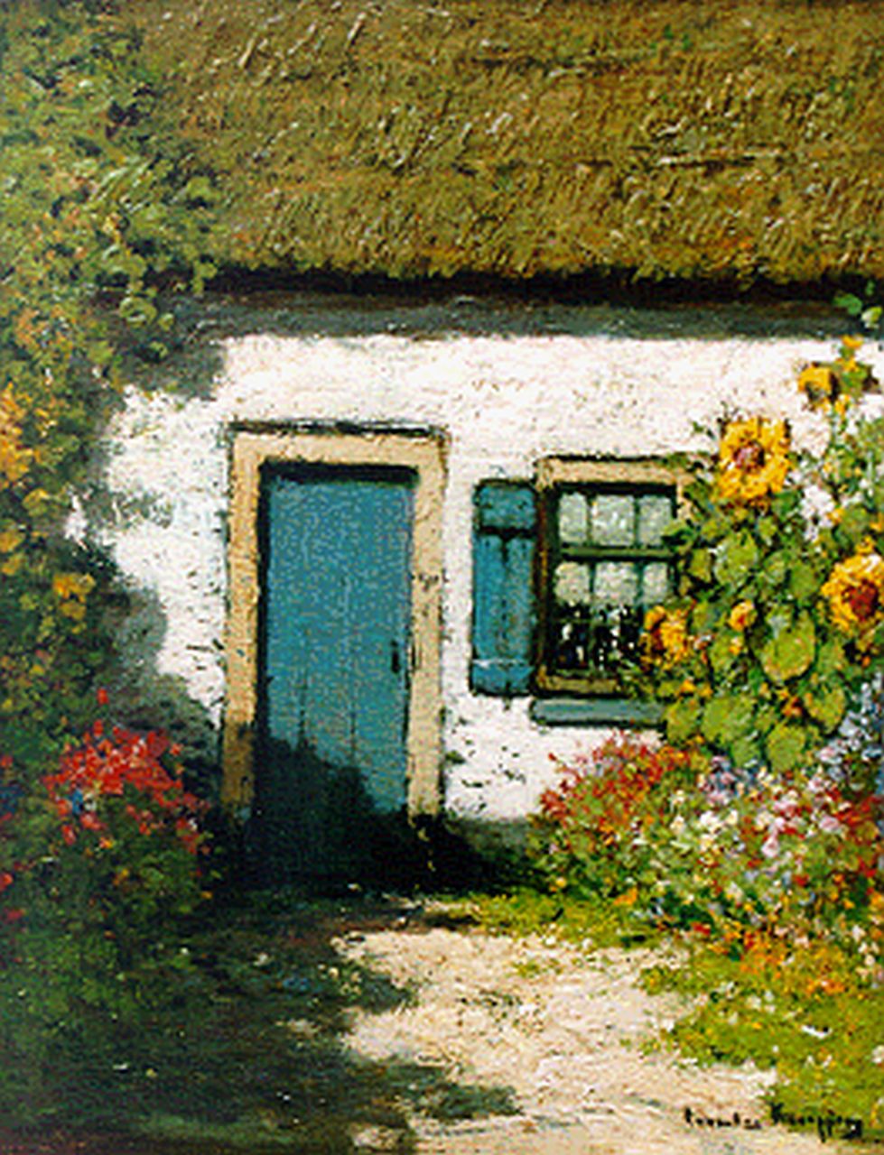 Kuijpers C.  | Cornelis Kuijpers, Boerenerf met zonnebloemen, olieverf op paneel 35,5 x 27,8 cm, gesigneerd rechtsonder