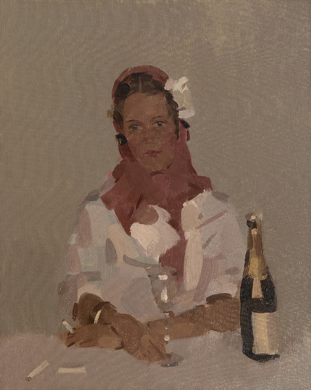 Verdonk F.W.  | Frederik Willem 'Frits' Verdonk | Schilderijen te koop aangeboden | Vrouw met sigaret en champagnefles, olieverf op doek 50,2 x 40,1 cm