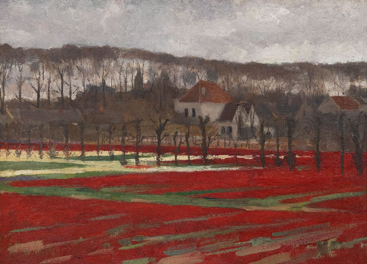 Hart Nibbrig F.  | Ferdinand Hart Nibbrig | Schilderijen te koop aangeboden | Boerderij met bloemvelden bij Bennebroek, olieverf op doek 40,5 x 56,2 cm, gesigneerd  rechtsonder en te dateren ca. 1893