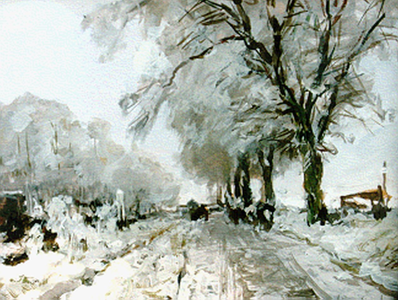 Apol L.F.H. | Lodewijk Franciscus Hendrik 'Louis' Apol, Besneeuwd landschap met figuren op een pad, gouache op papier 15,5 x 19,5 cm, gesigneerd rechtsonder Apol L.F.H. | Lodewijk Franciscus Hendrik 'Louis' Apol, Besneeuwd landschap met figuren op een pad, gouache op papier 15,5 x 19,5 cm, gesigneerd rechtsonder