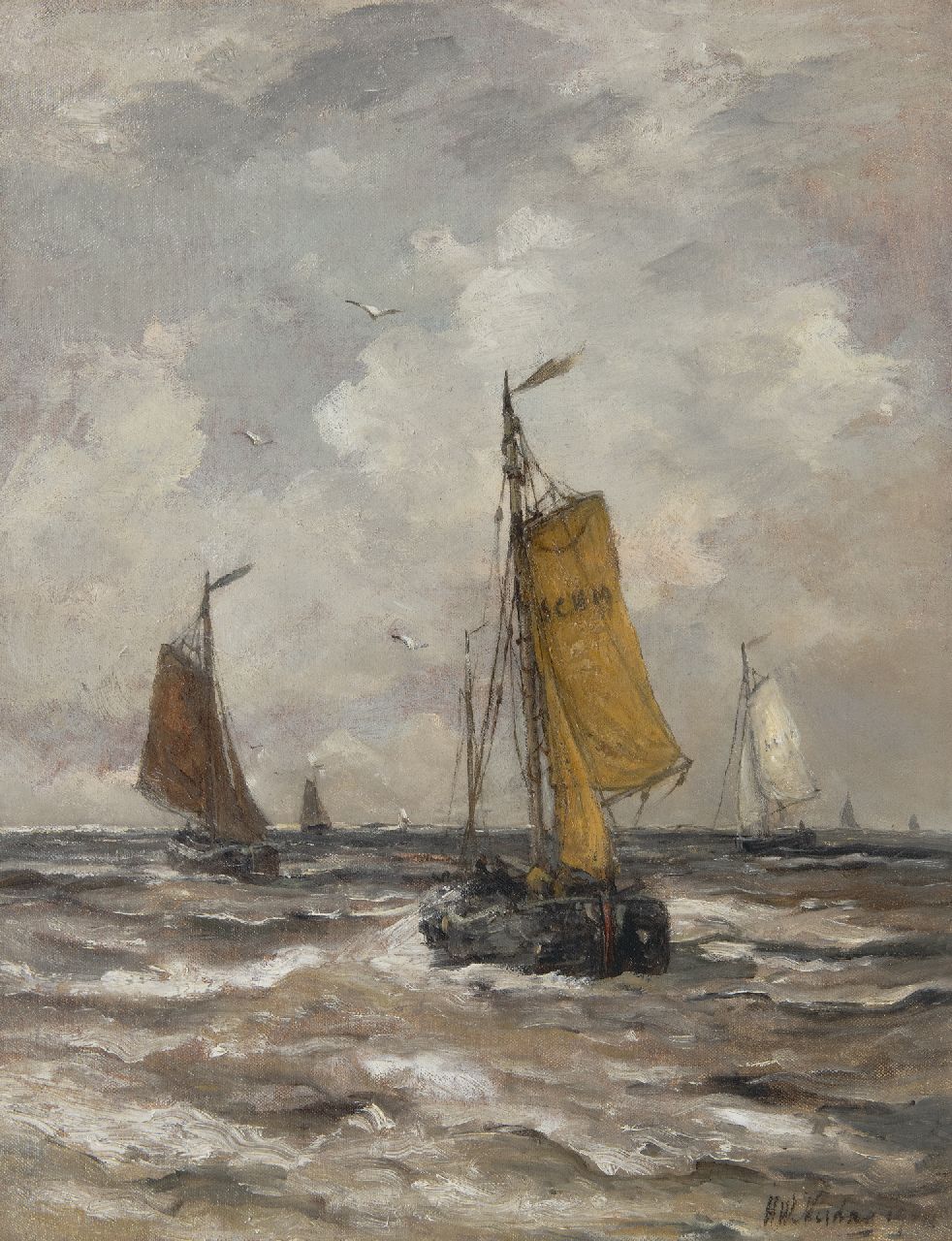 Mesdag H.W. | Hendrik Willem Mesdag, Terugkerende bomschuiten, olieverf op doek 50,7 x 40,0 cm, gesigneerd rechtsonder en gedateerd 190(..) Mesdag H.W. | Hendrik Willem Mesdag, Terugkerende bomschuiten, olieverf op doek 50,7 x 40,0 cm, gesigneerd rechtsonder en gedateerd 190(..)