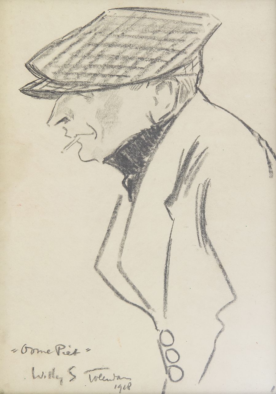 Sluiter J.W. | Jan Willem 'Willy' Sluiter, Oome Piet, Volendam, zwart krijt op papier 24,2 x 12,7 cm, gesigneerd linksonder en gedateerd 1918 Sluiter J.W. | Jan Willem 'Willy' Sluiter, Oome Piet, Volendam, zwart krijt op papier 24,2 x 12,7 cm, gesigneerd linksonder en gedateerd 1918