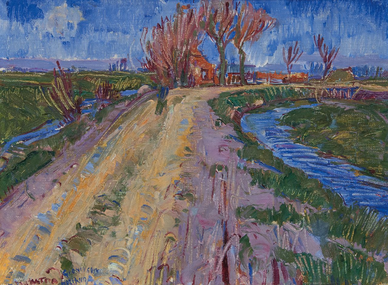 Dijkstra J. | Johannes 'Johan' Dijkstra | Schilderijen te koop aangeboden | Landweg bij Beijum, olieverf op doek 28,0 x 37,5 cm, gesigneerd linksonder en te dateren ca. 1929-1931 Dijkstra J. | Johannes 'Johan' Dijkstra | Schilderijen te koop aangeboden | Landweg bij Beijum, olieverf op doek 28,0 x 37,5 cm, gesigneerd linksonder en te dateren ca. 1929-1931