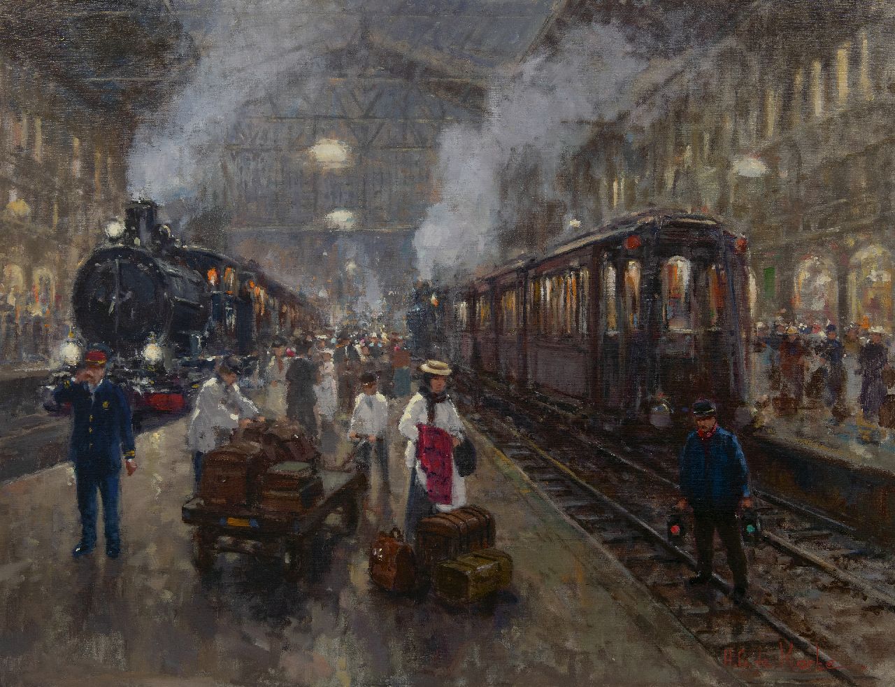 Korte H.G. de | Hendrikus Gerardus 'Hennie' de Korte, Drukte op het station, olieverf op doek 70,0 x 90,1 cm, gesigneerd rechtsonder Korte H.G. de | Hendrikus Gerardus 'Hennie' de Korte, Drukte op het station, olieverf op doek 70,0 x 90,1 cm, gesigneerd rechtsonder