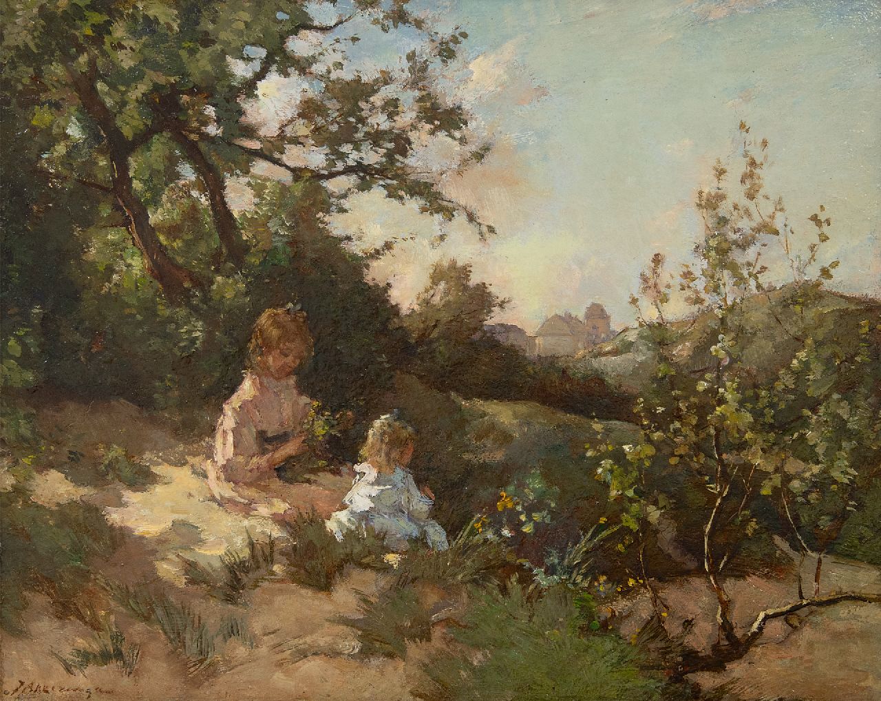 Akkeringa J.E.H. | 'Johannes Evert' Hendrik Akkeringa | Schilderijen te koop aangeboden | Kinderen bloemen plukkend in de duinen, olieverf op paneel 31,9 x 39,4 cm, gesigneerd linksonder Akkeringa J.E.H. | 'Johannes Evert' Hendrik Akkeringa | Schilderijen te koop aangeboden | Kinderen bloemen plukkend in de duinen, olieverf op paneel 31,9 x 39,4 cm, gesigneerd linksonder
