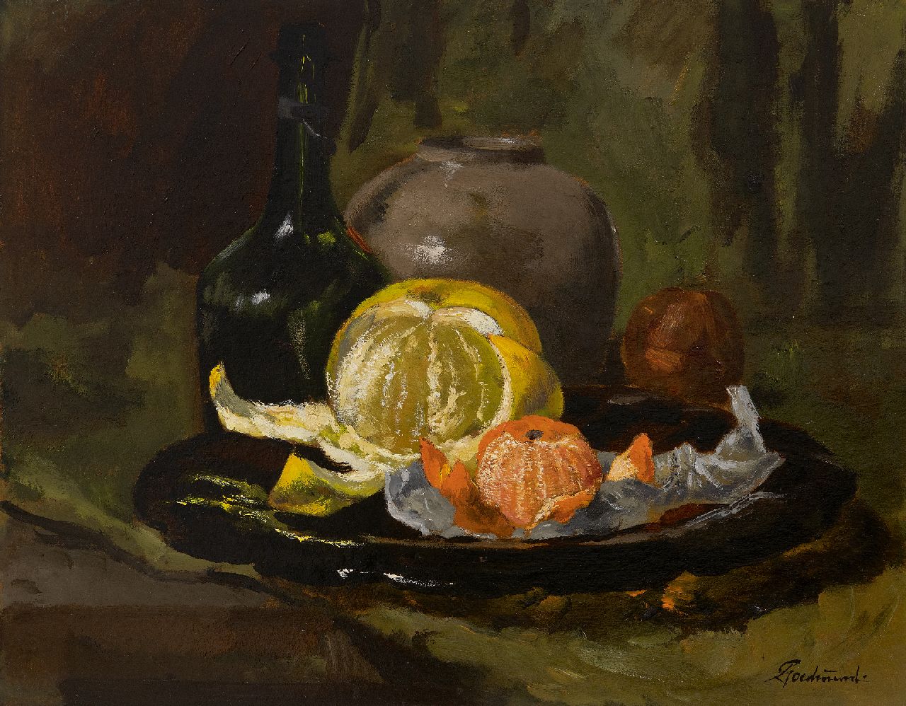 Goedvriend Th.F. | Theodoor Franciscus 'Theo' Goedvriend | Schilderijen te koop aangeboden | Stilleven met gepelde sinaasappel en mandarijn, olieverf op schildersboard 37,4 x 47,3 cm, gesigneerd rechtsonder Goedvriend Th.F. | Theodoor Franciscus 'Theo' Goedvriend | Schilderijen te koop aangeboden | Stilleven met gepelde sinaasappel en mandarijn, olieverf op schildersboard 37,4 x 47,3 cm, gesigneerd rechtsonder