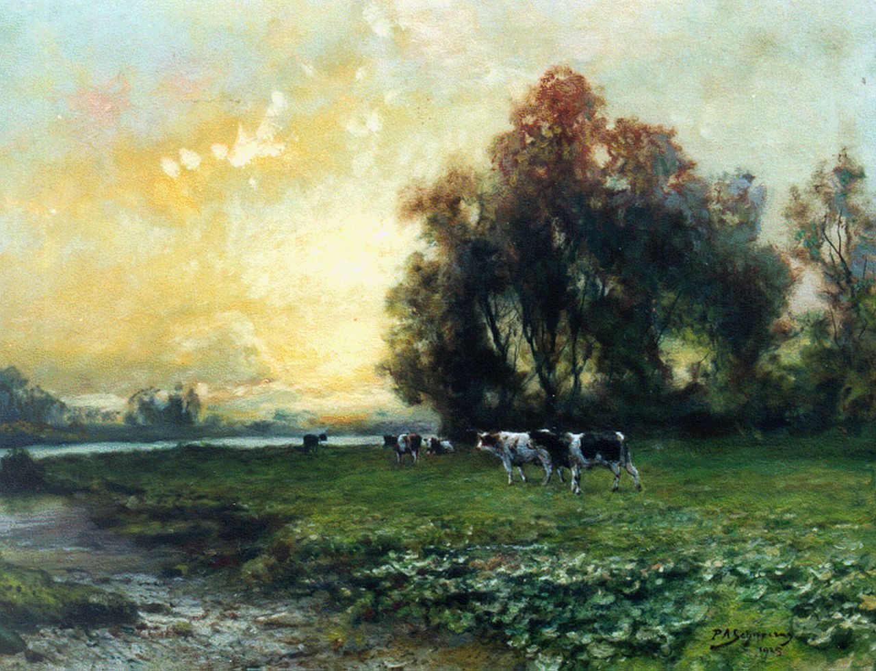 Schipperus P.A. | Pieter Adrianus 'Piet' Schipperus, Rivierlandschap met koeien, olieverf op doek 60,0 x 80,0 cm, gesigneerd rechtsonder en gedateerd 1925 Schipperus P.A. | Pieter Adrianus 'Piet' Schipperus, Rivierlandschap met koeien, olieverf op doek 60,0 x 80,0 cm, gesigneerd rechtsonder en gedateerd 1925