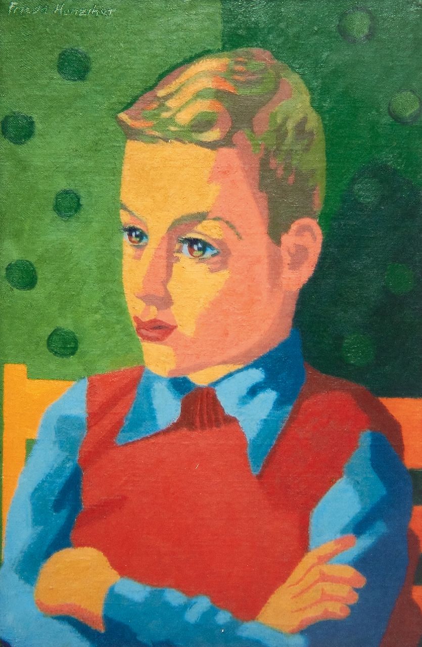 Hunziker F. | Frieda Hunziker, Portret van Fritsje, olieverf op doek 60,3 x 40,3 cm, gesigneerd linksboven en te dateren ca. 1943 Hunziker F. | Frieda Hunziker, Portret van Fritsje, olieverf op doek 60,3 x 40,3 cm, gesigneerd linksboven en te dateren ca. 1943