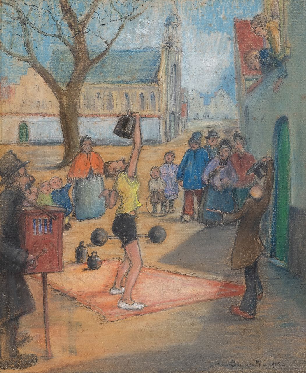 Bogaerts F. | Alfred 'Fred' Bogaerts | Aquarellen en tekeningen te koop aangeboden | Straatartiesten bij de Sint-Margaritakerk in Lier, gouache op papier 31,2 x 25,7 cm, gesigneerd rechtsonder en gedateerd 1923 Bogaerts F. | Alfred 'Fred' Bogaerts | Aquarellen en tekeningen te koop aangeboden | Straatartiesten bij de Sint-Margaritakerk in Lier, gouache op papier 31,2 x 25,7 cm, gesigneerd rechtsonder en gedateerd 1923