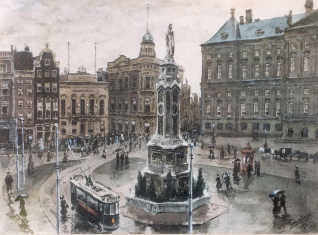 Jongh M.J. de | Martinus Johannes 'Tinus' de Jongh, Gezicht op de Dam, aquarel op papier 16,5 x 22,5 cm, gesigneerd rechtsonder en gedateerd 1912 Jongh M.J. de | Martinus Johannes 'Tinus' de Jongh, Gezicht op de Dam, aquarel op papier 16,5 x 22,5 cm, gesigneerd rechtsonder en gedateerd 1912