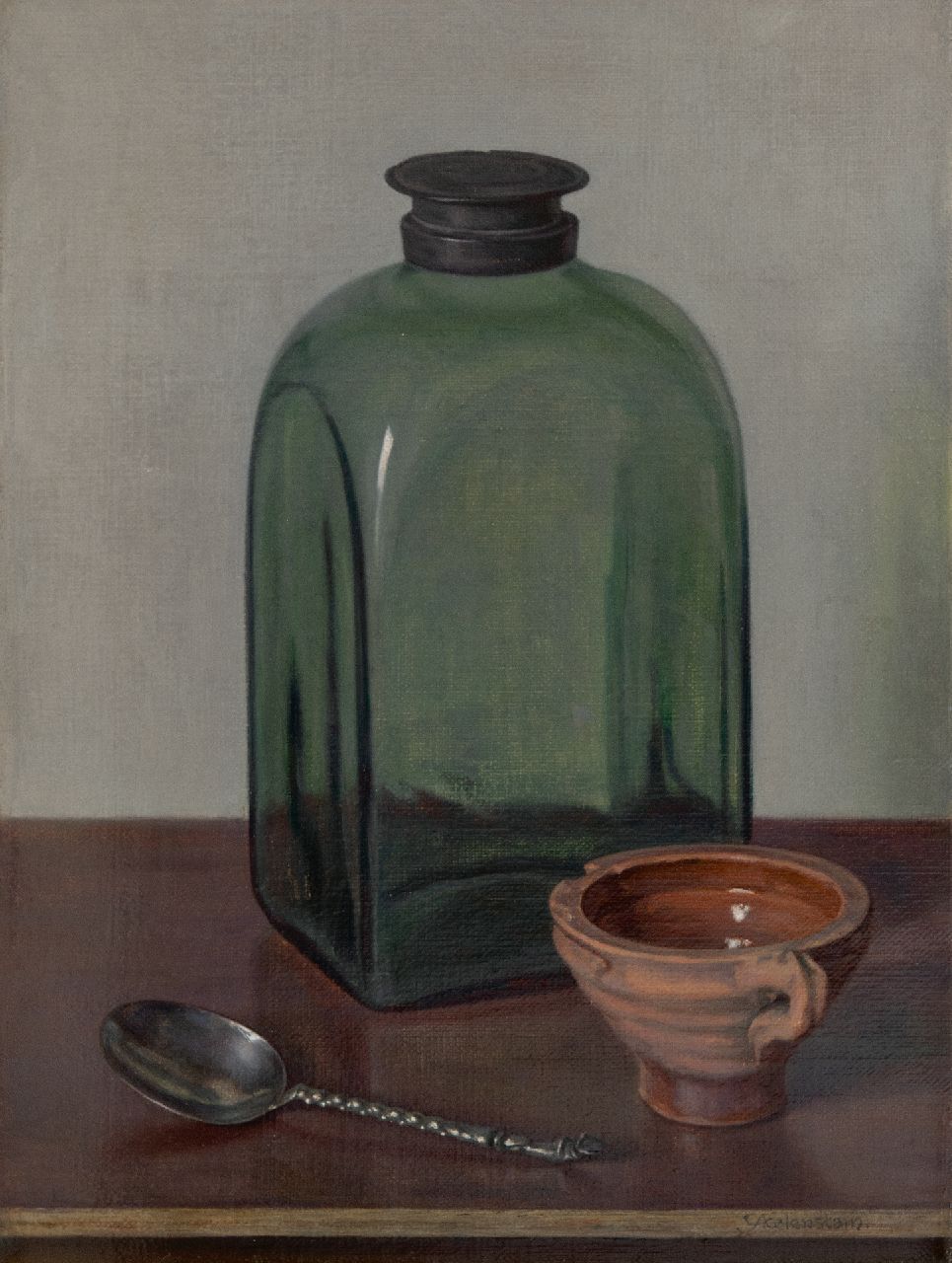 IJkelenstam H. | Hendrikus IJkelenstam, Stilleven met glazen fles, olieverf op doek 41,2 x 30,3 cm, gesigneerd rechtsonder IJkelenstam H. | Hendrikus IJkelenstam, Stilleven met glazen fles, olieverf op doek 41,2 x 30,3 cm, gesigneerd rechtsonder