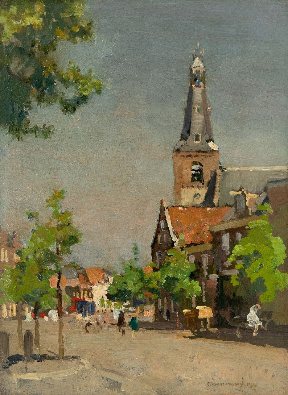 Vreedenburgh C. | Cornelis Vreedenburgh, Gezicht op Weesp met de toren van de Laurenskerk, olieverf op paneel 28,5 x 21,3 cm, gesigneerd rechtsonder en gedateerd 1934 Vreedenburgh C. | Cornelis Vreedenburgh, Gezicht op Weesp met de toren van de Laurenskerk, olieverf op paneel 28,5 x 21,3 cm, gesigneerd rechtsonder en gedateerd 1934