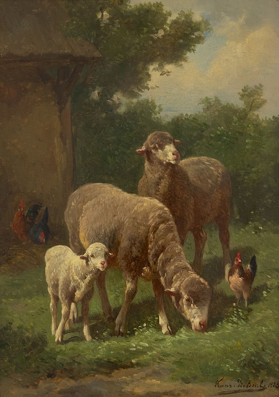 Beul F. de | Frans de Beul, Schapen en lam in de wei (alleen tezamen), olieverf op paneel 34,1 x 23,8 cm, gesigneerd rechtsonder en gedateerd 1883 Beul F. de | Frans de Beul, Schapen en lam in de wei (alleen tezamen), olieverf op paneel 34,1 x 23,8 cm, gesigneerd rechtsonder en gedateerd 1883