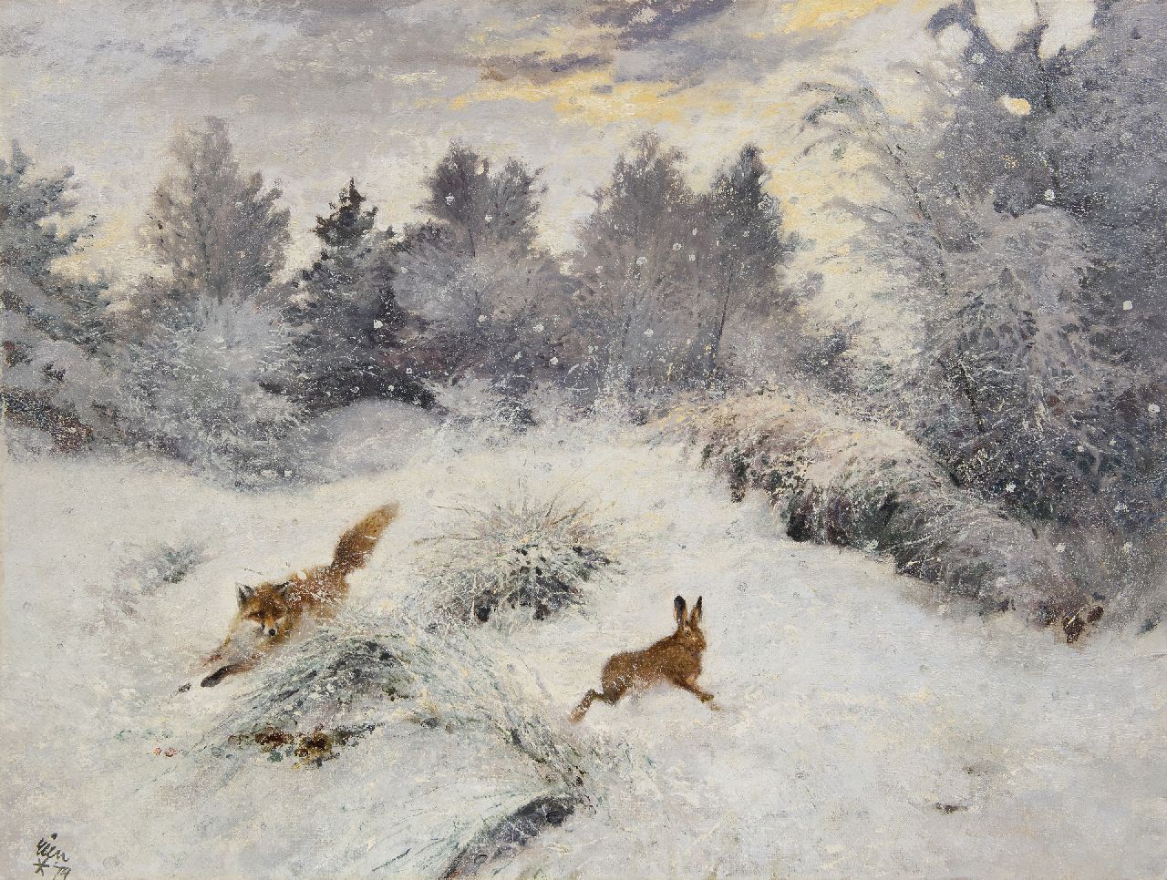 Poortvliet R. | Rien Poortvliet, Jagende vos in sneeuwlandschap, olieverf op doek 60,4 x 79,9 cm, gesigneerd linksonder en zonder lijst Poortvliet R. | Rien Poortvliet, Jagende vos in sneeuwlandschap, olieverf op doek 60,4 x 79,9 cm, gesigneerd linksonder en zonder lijst