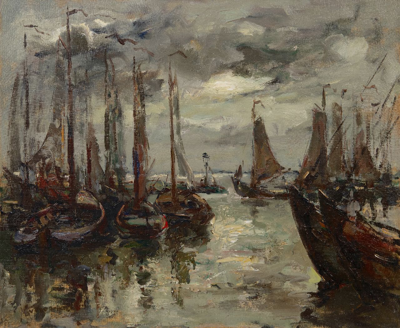 Jan Korthals | Afgemeerdebotters in een Zuiderzeehaven, olieverf op doek, 50,5 x 60,2 cm, gesigneerd l.o. Jan Korthals | Afgemeerdebotters in een Zuiderzeehaven, olieverf op doek, 50,5 x 60,2 cm, gesigneerd l.o.